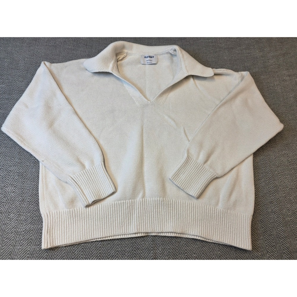Old Navy Sweater Women's Large White Relaxed Fit Ribbed Hem Tight Knitted V-Neck
